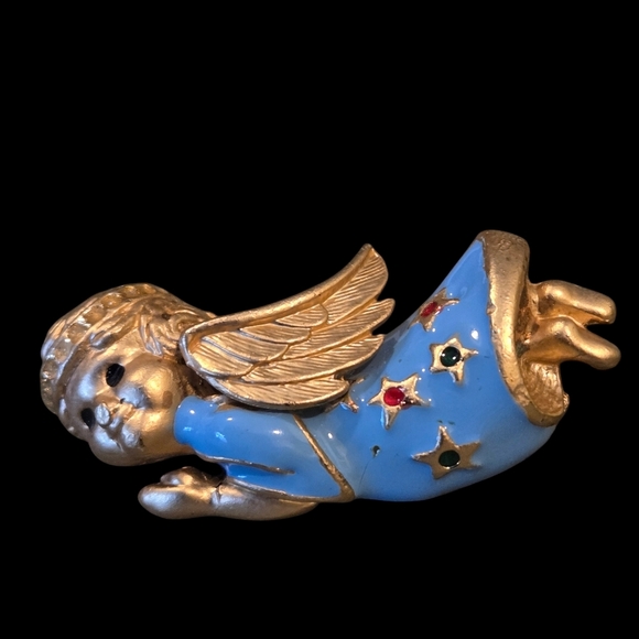 Rare Find Gold Tone Blue Angel W/ Rhinestone Halo Stars, Gold Wings Vintage 80's - Picture 5 of 12